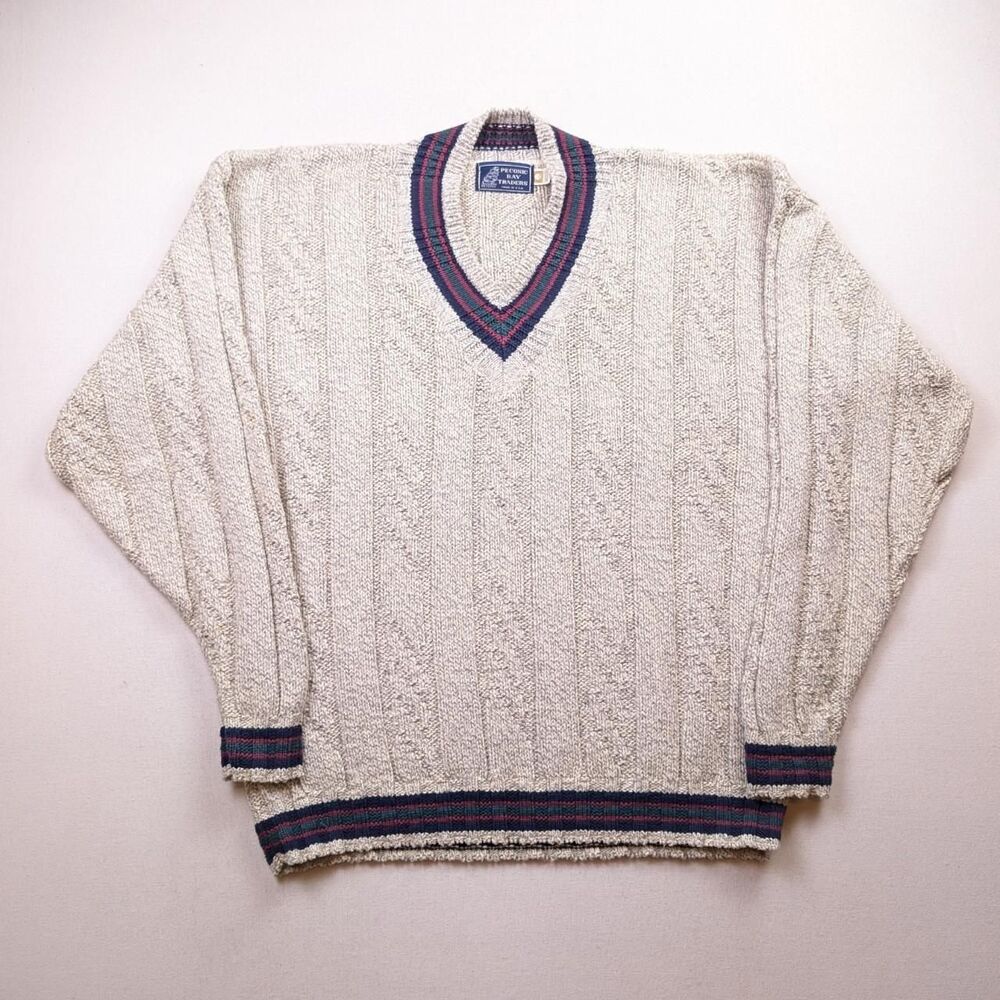 Vintage Cotton Chunky Knit Fisherman Sweater Cream Vneck Preppy Sweater Sz Large